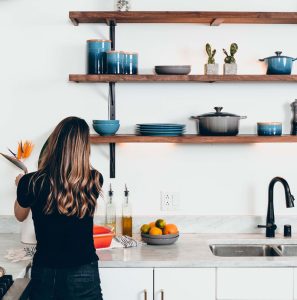 clean kitchen with open shelving