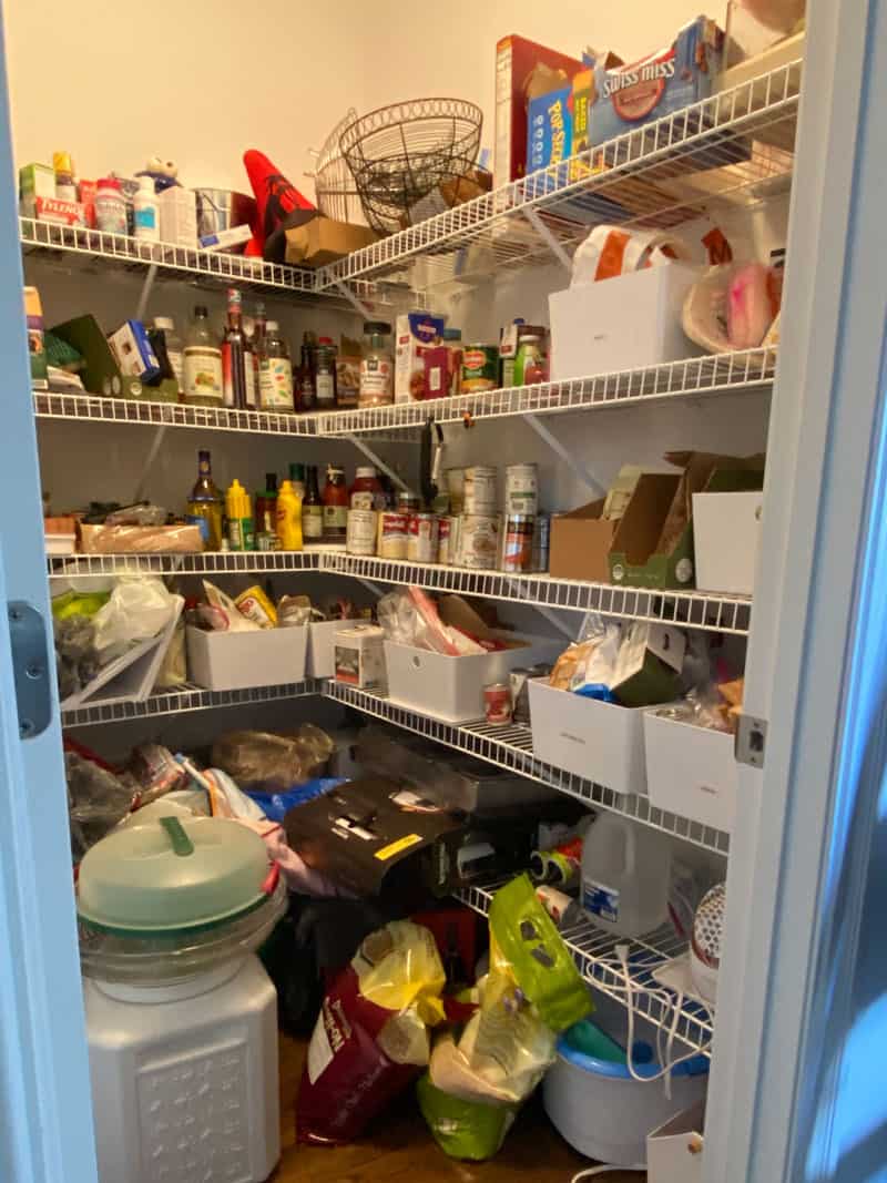 Messy kitchen pantry that needs decluttering